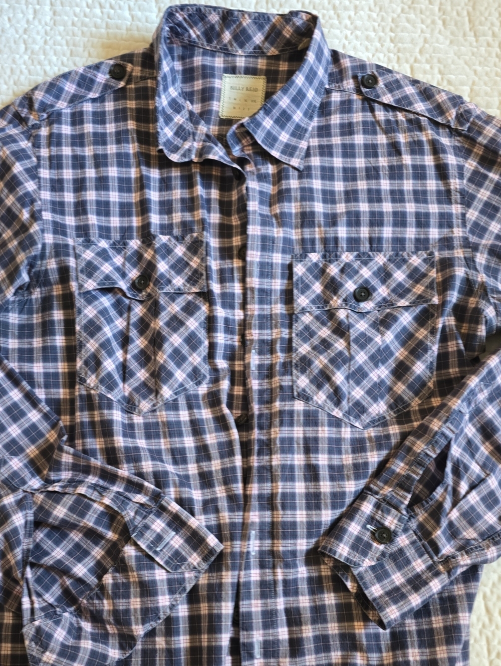 Billy Reid Men's Navy and Light Pink Plaid Button-Up Shirt - Size L